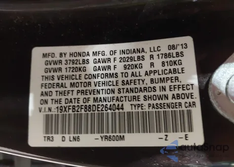 2013 Honda Civic Ex z USA, uszkodzony, nr VIN 19XFB2F88DE264044